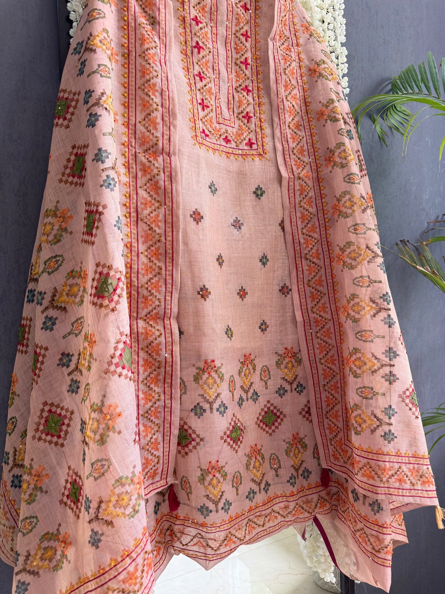 Linen ikkat Frenchknot kantha work suit