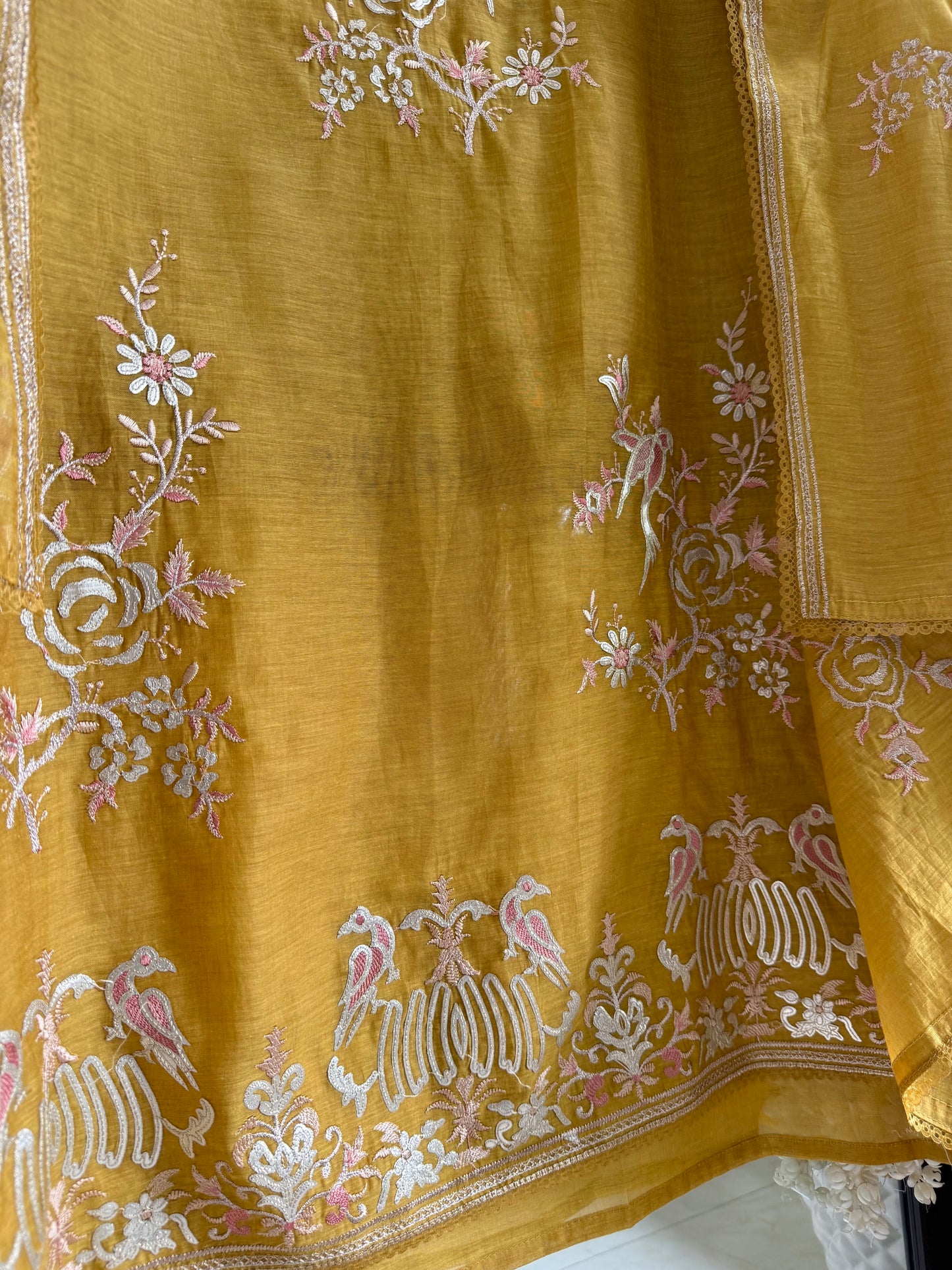 Luxurious Mul chanderi gota appliqué birds roses suit