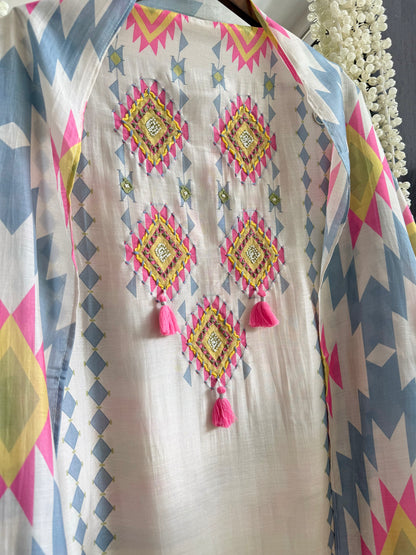 Muslin ikkat inspired handwork suits
