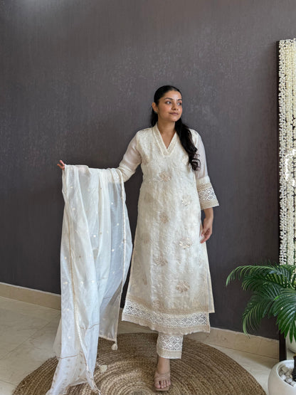 Gold appliqué floral chanderi suit