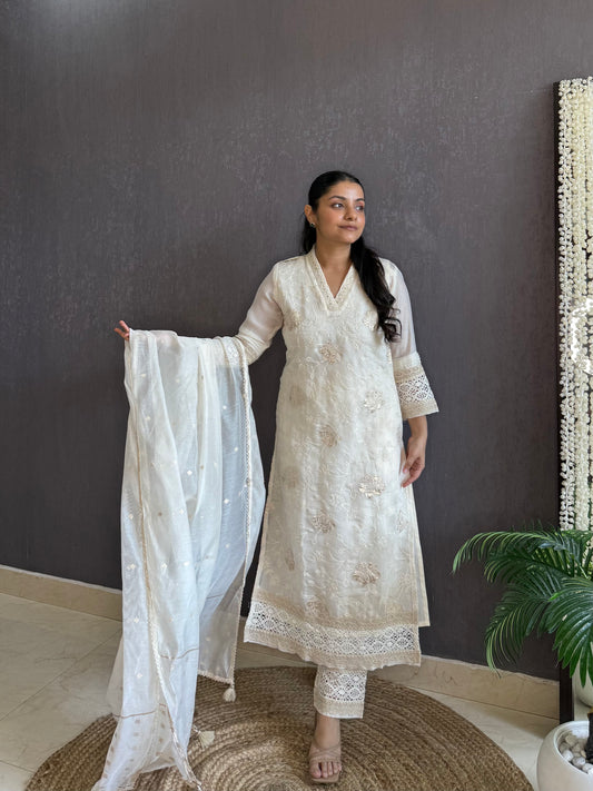 Gold appliqué floral chanderi suit