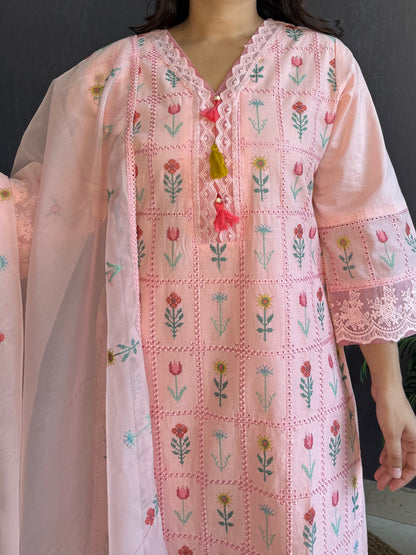 Cotton checked floral designer suit
