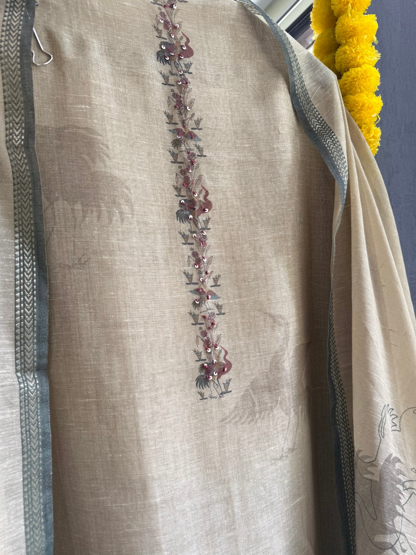 Pure linen birds frenchknot kantha work suit