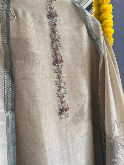 Pure linen birds frenchknot kantha work suit