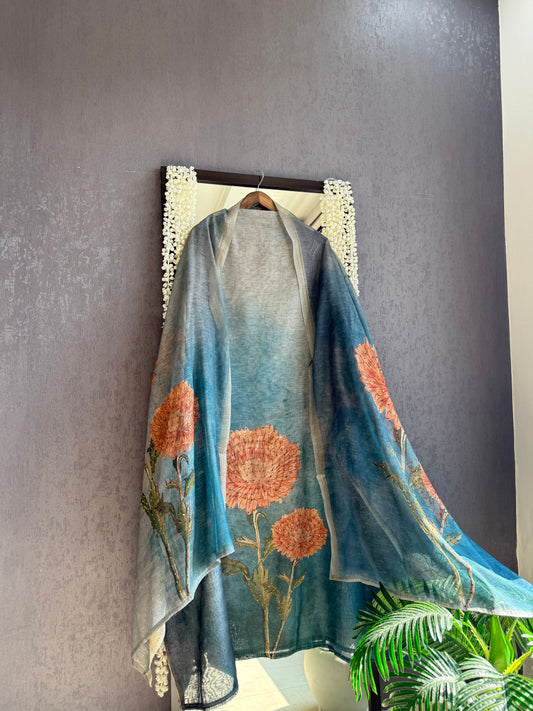 Pure linen marigold kantha work suit