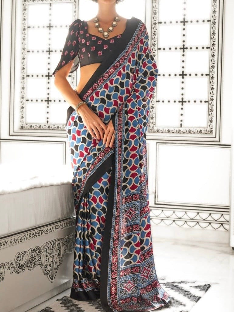 Satin crepe Ajrakh printed saree