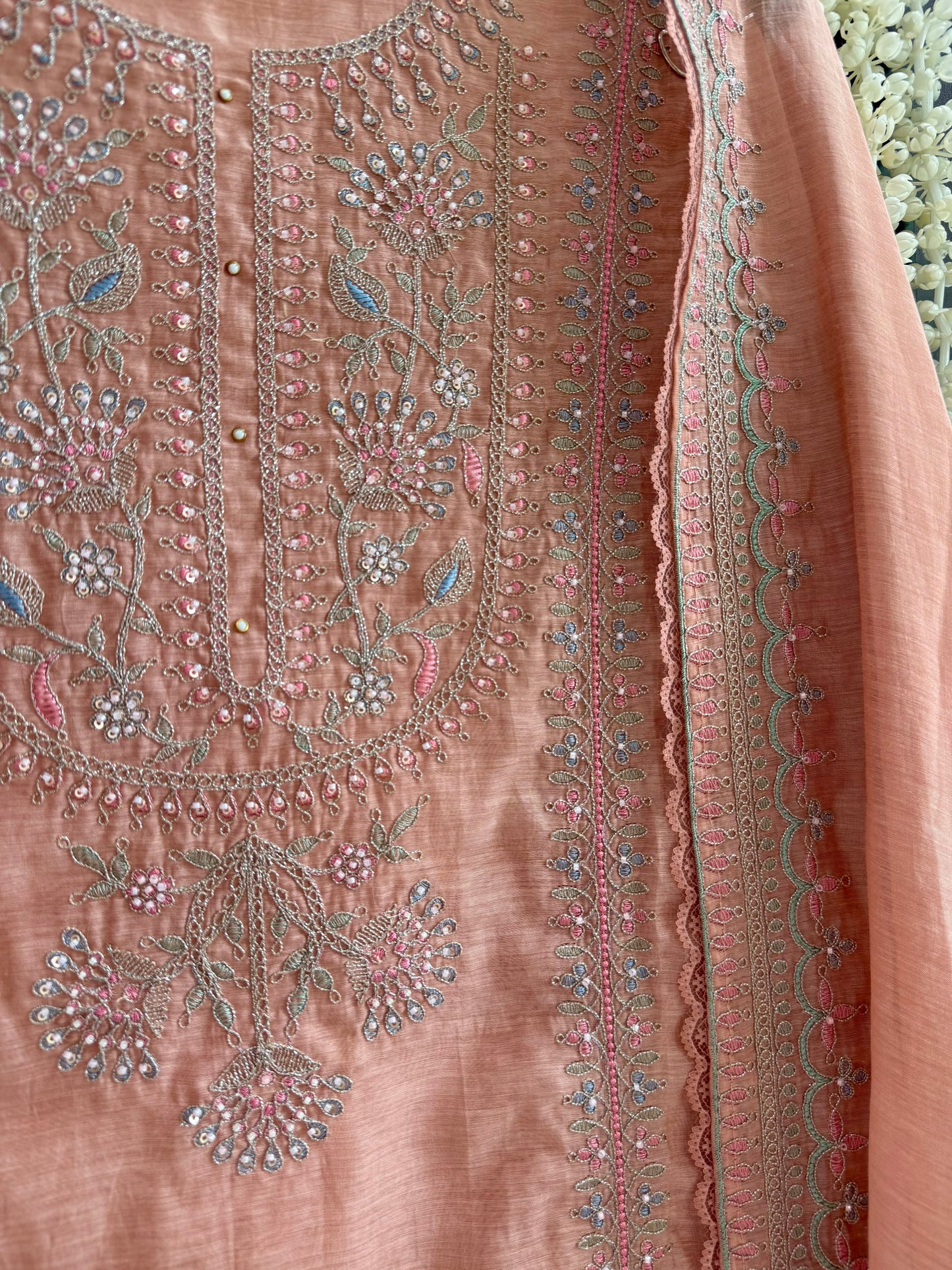 Luxurious Mul chanderi antique dori sitara suit