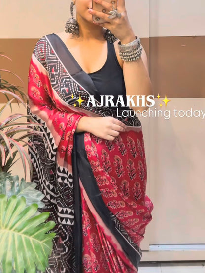 Satin crepe Ajrakh printed saree
