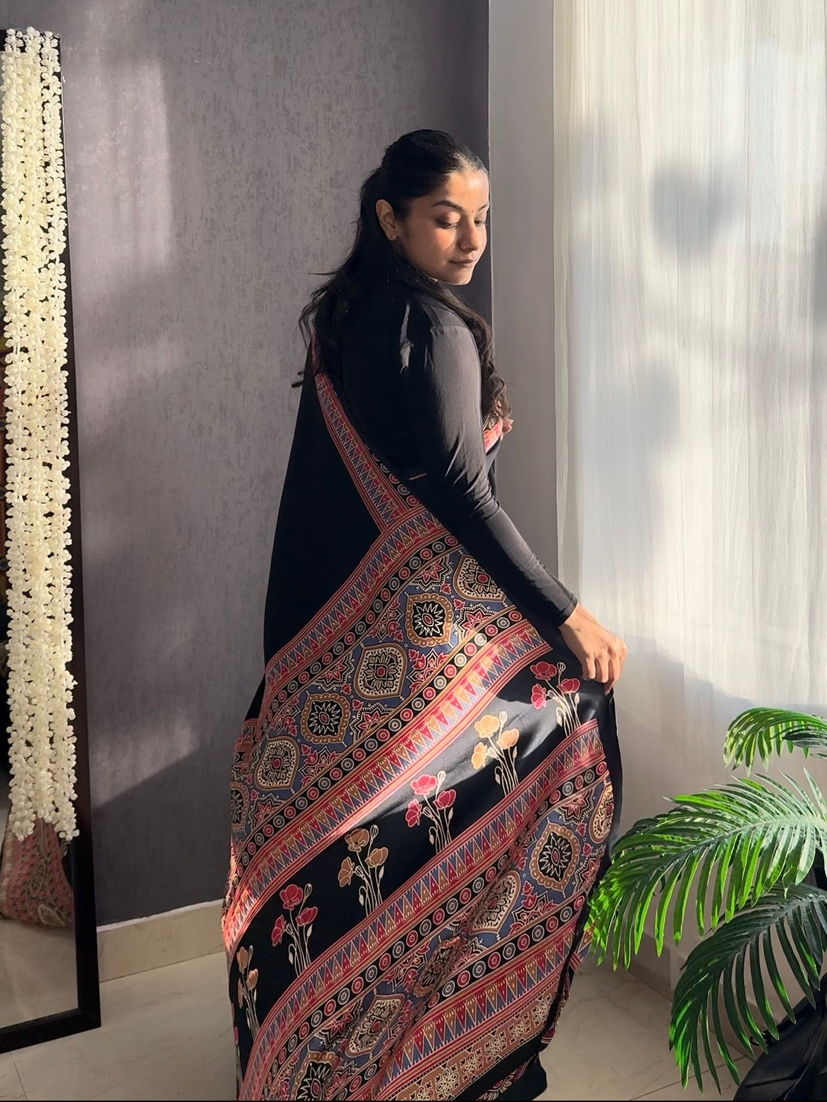 Satin crepe Ajrakh printed saree