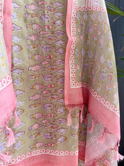 Linen fishes kantha work suit