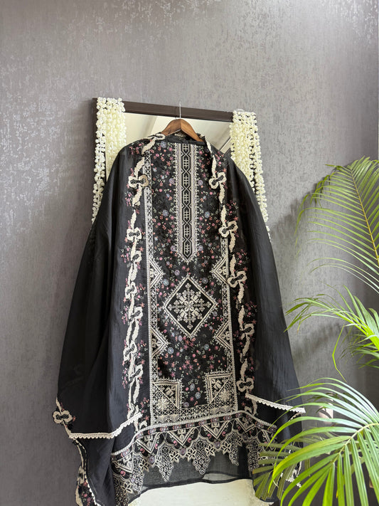 Luxurious Mul chanderi bow crossstitch suit