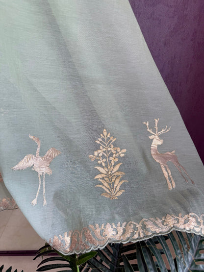 Luxurious Mul chanderi appliqué work suit
