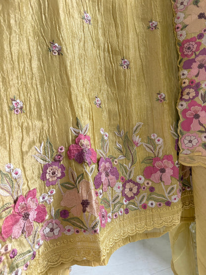 Luxurious Mul chanderi appliqué work floral suit