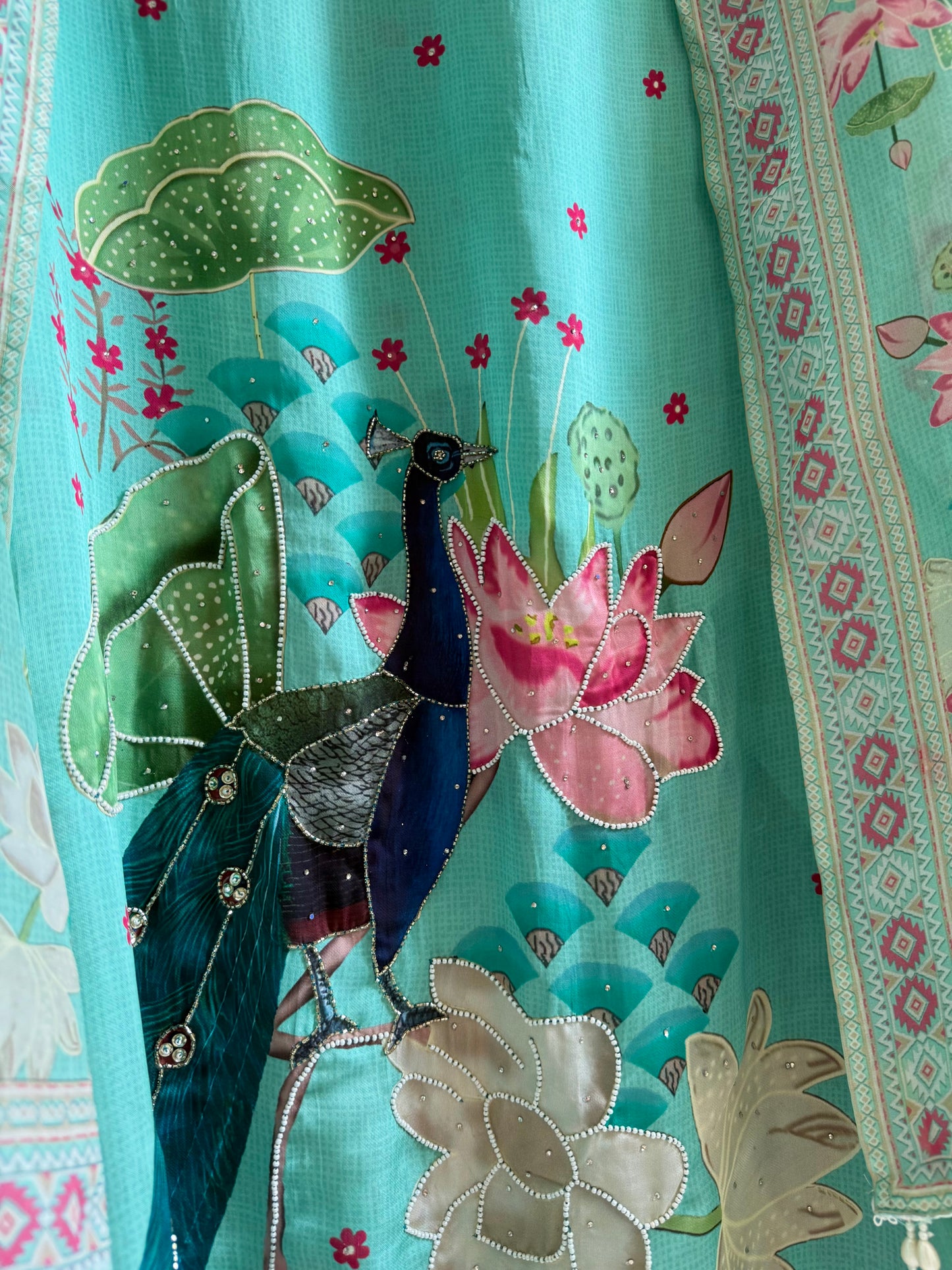 Soft silk peacock hand work suit