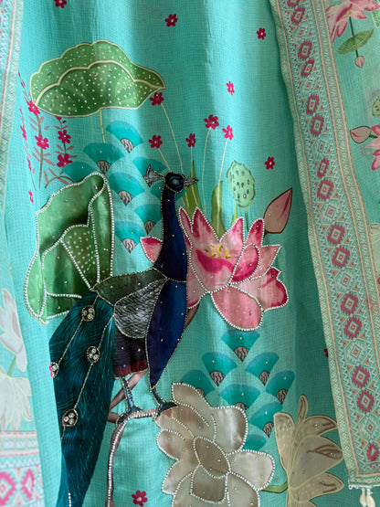 Soft silk peacock hand work suit
