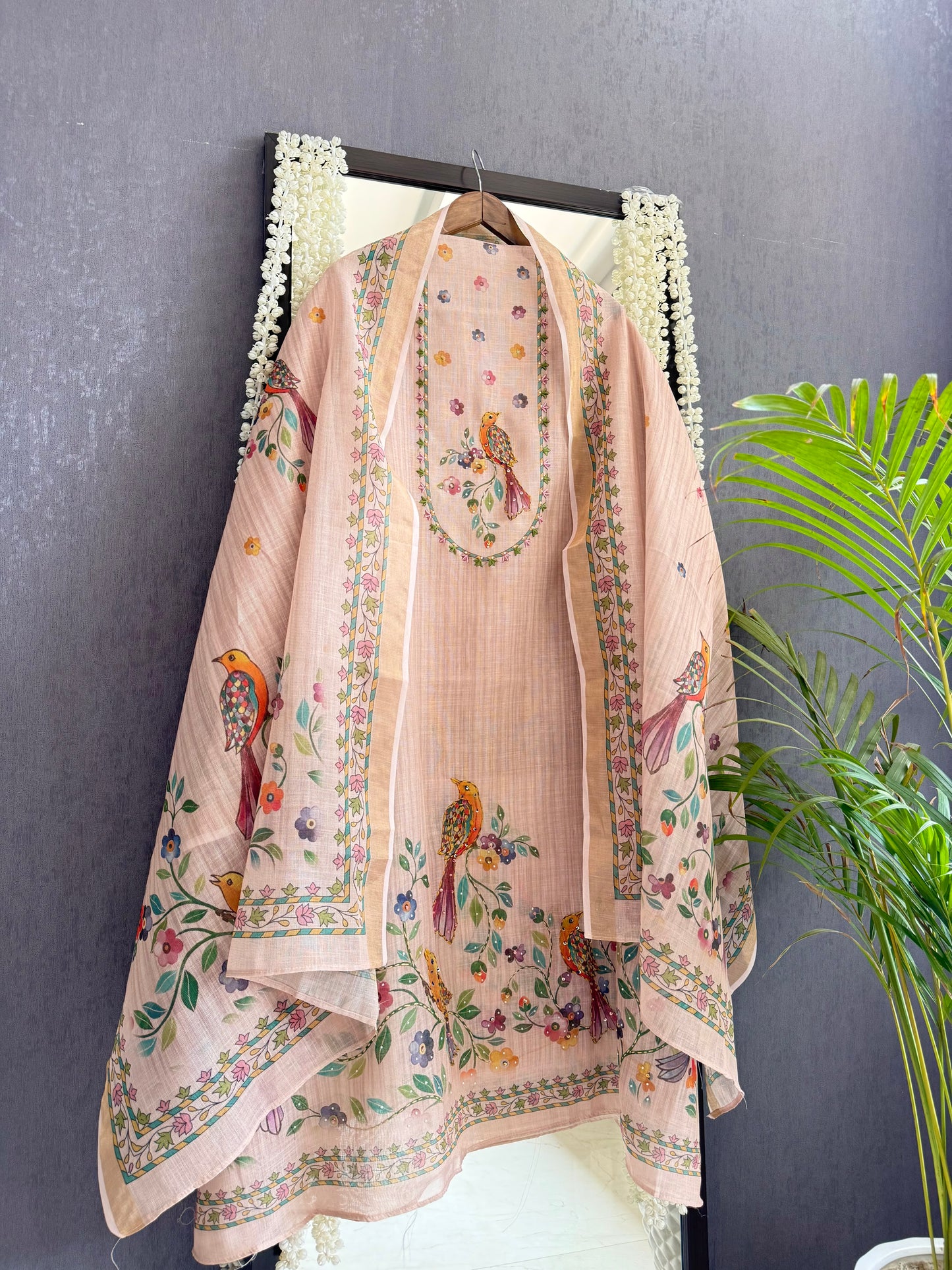Linen birds kanthawork suit