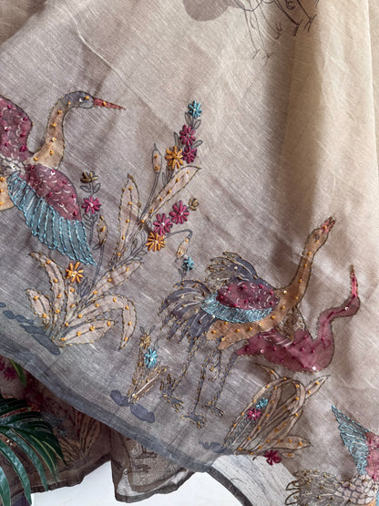 Pure linen birds frenchknot kantha work suit
