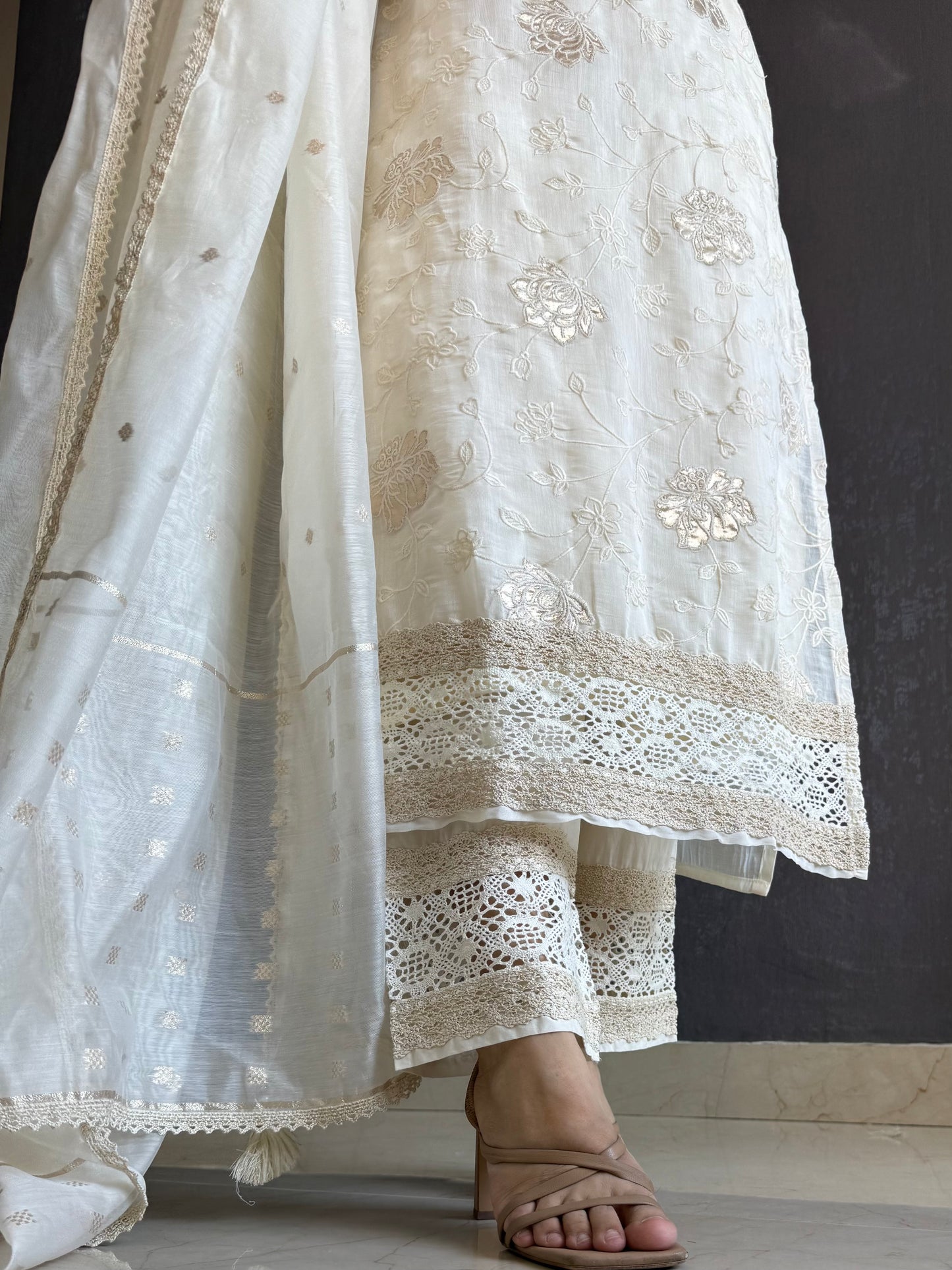 Gold appliqué floral chanderi suit