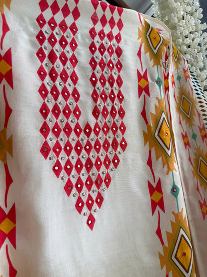 Muslin ikkat inspired handwork suits