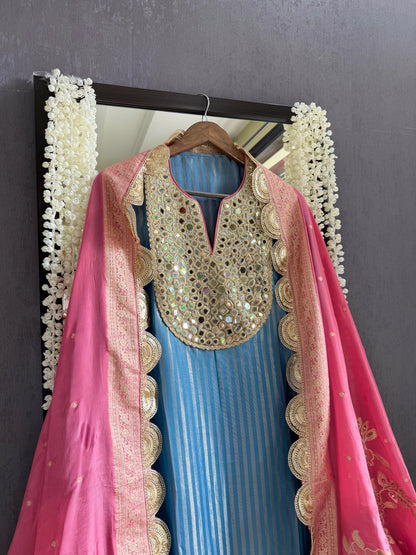 Premium Mirror work tissue benarsi suit