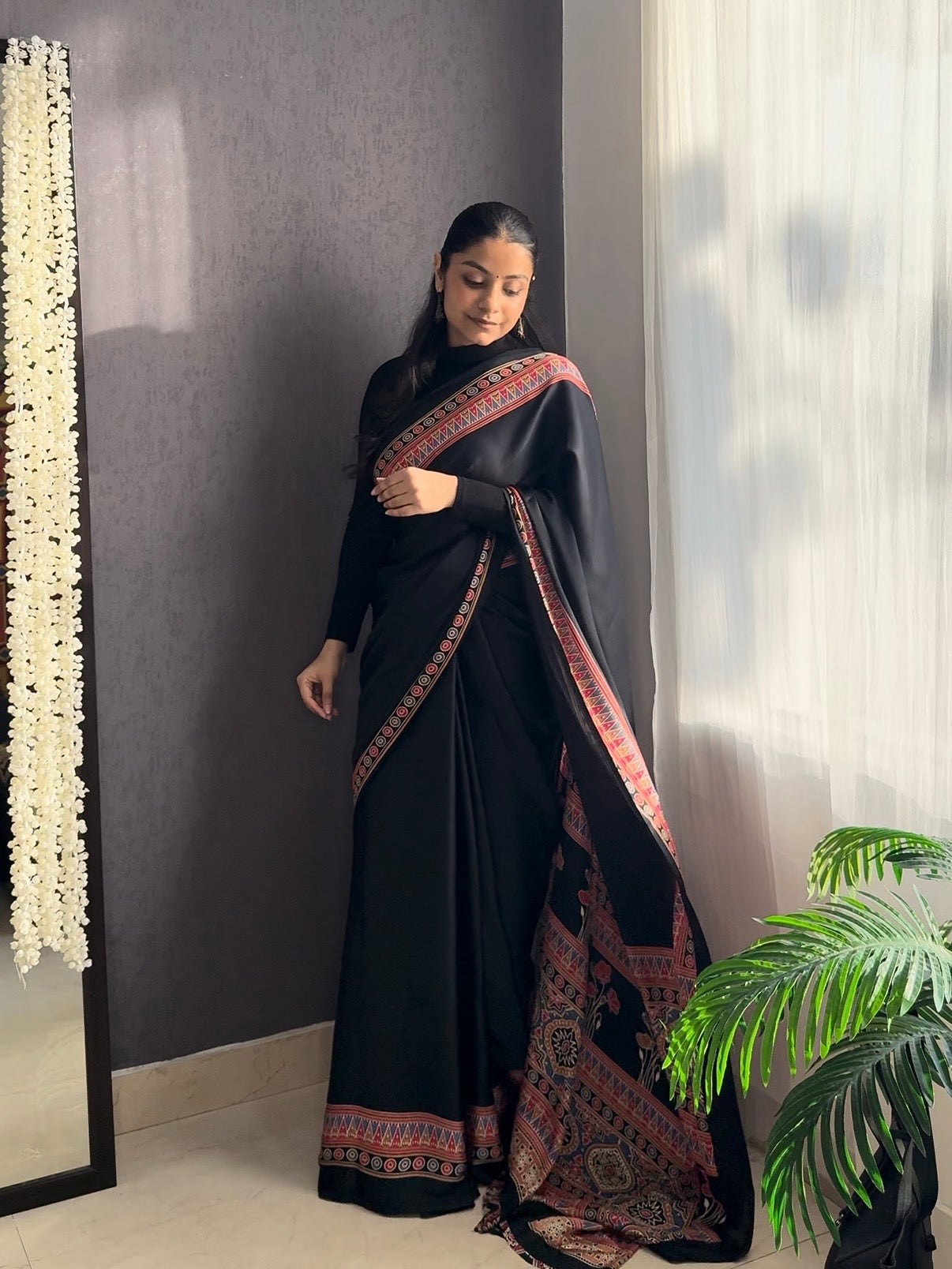 Satin crepe Ajrakh printed saree