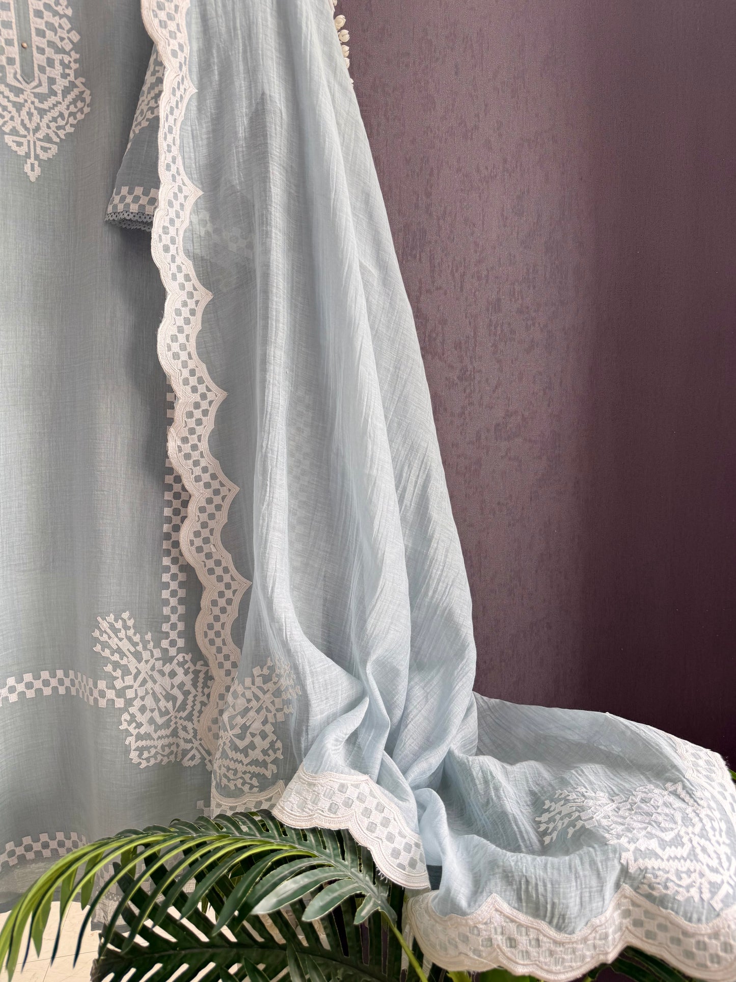 Luxurious Mul chanderi appliqué work suit