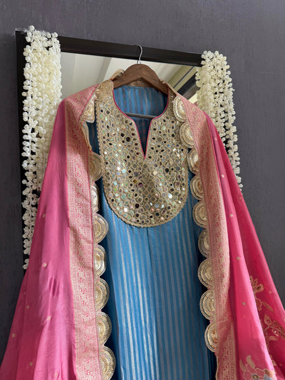 Premium Mirror work tissue benarsi suit