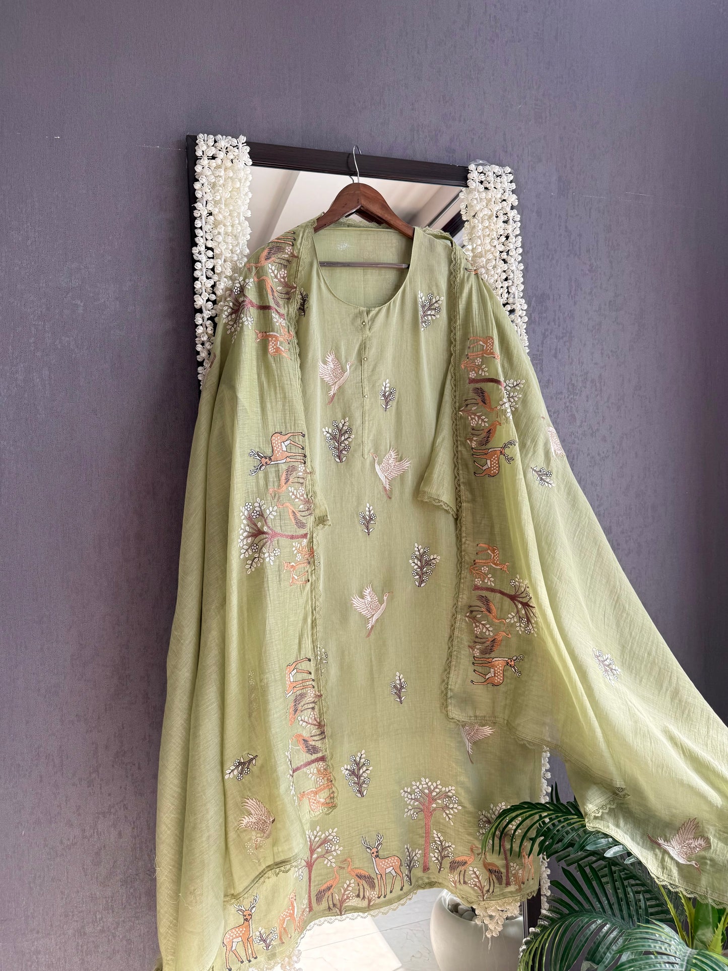 Luxurious Mul chanderi deers swans suit