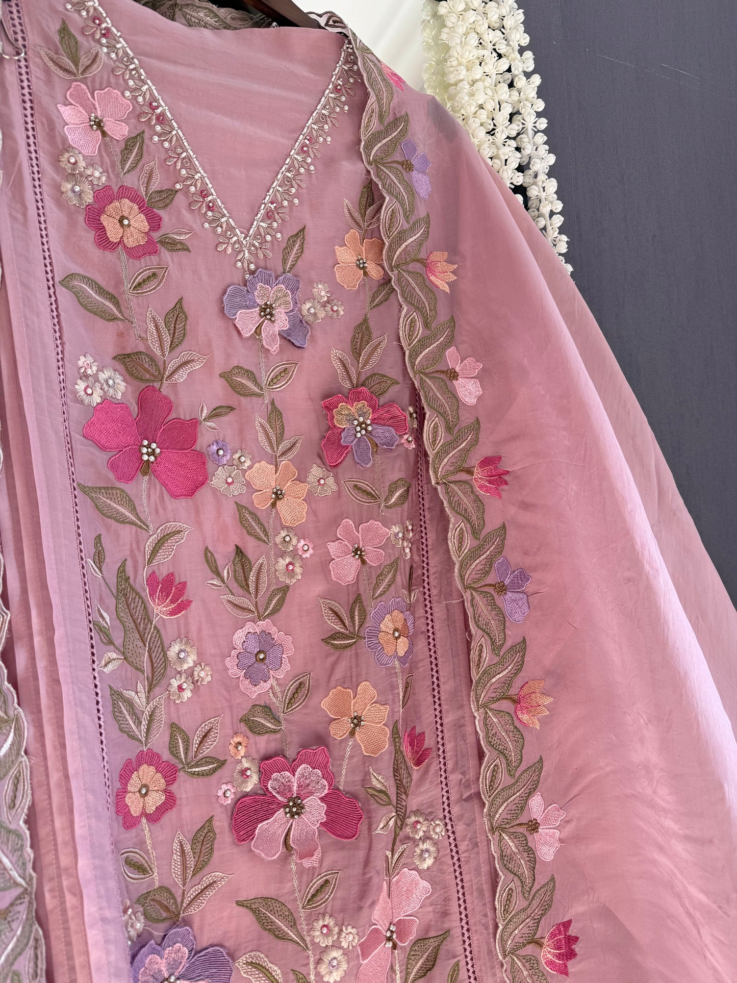 Luxurious organza appliqué work floral suit