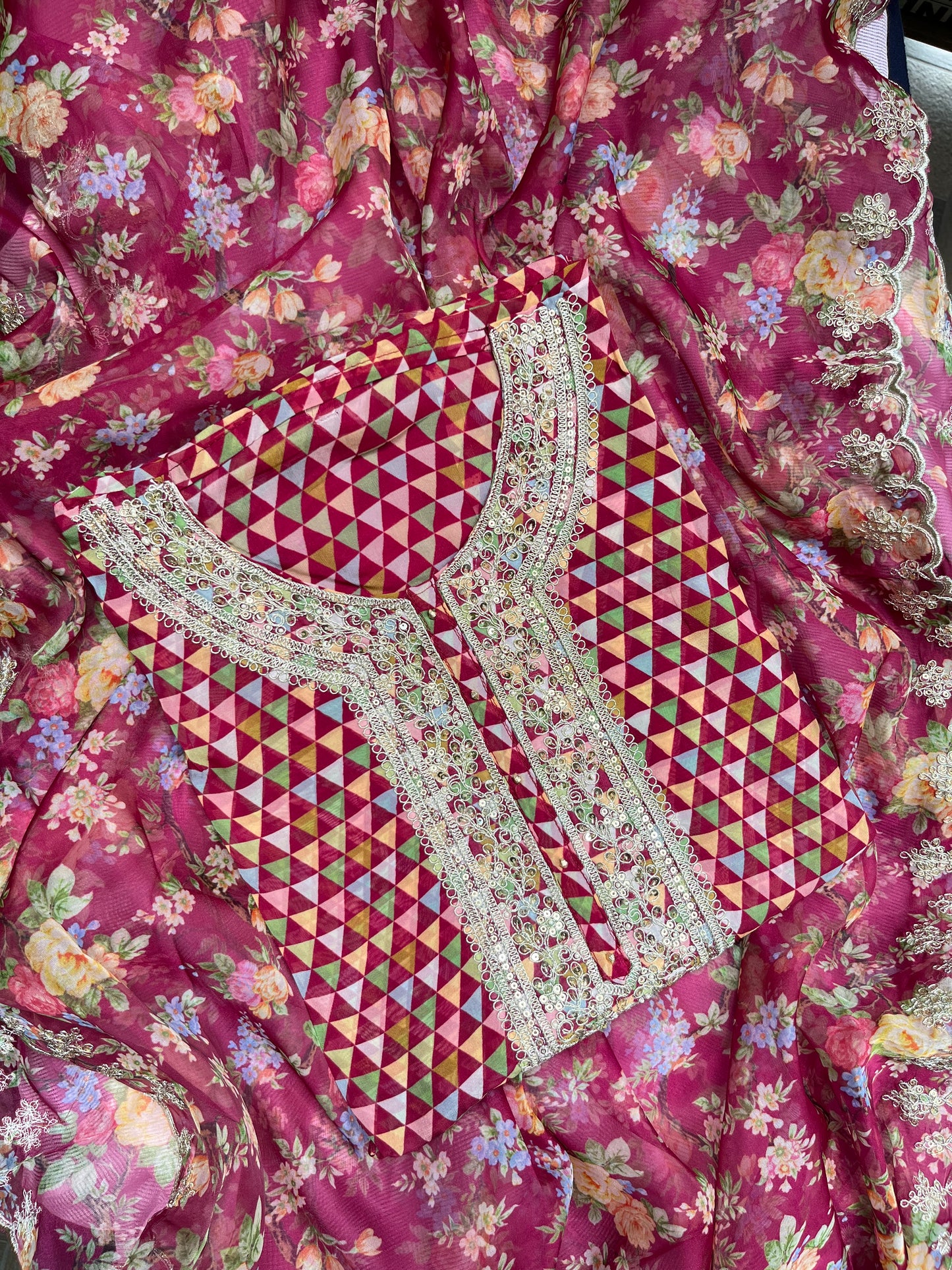 Aari work pearlwork organza suits