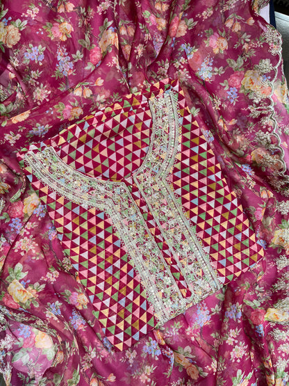 Aari work pearlwork organza suits