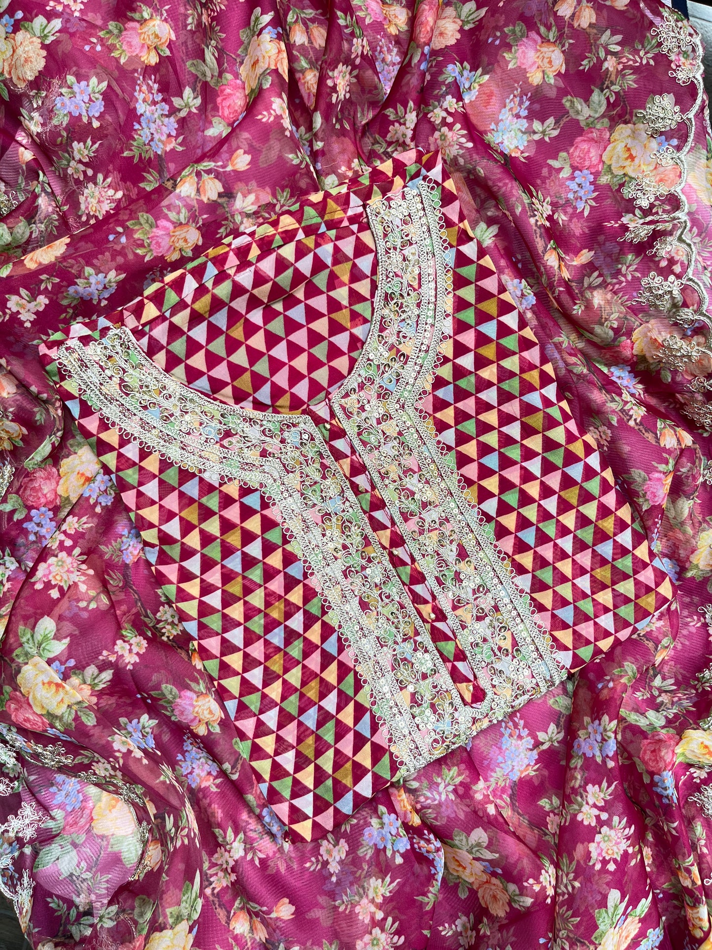 Aari work pearlwork organza suits