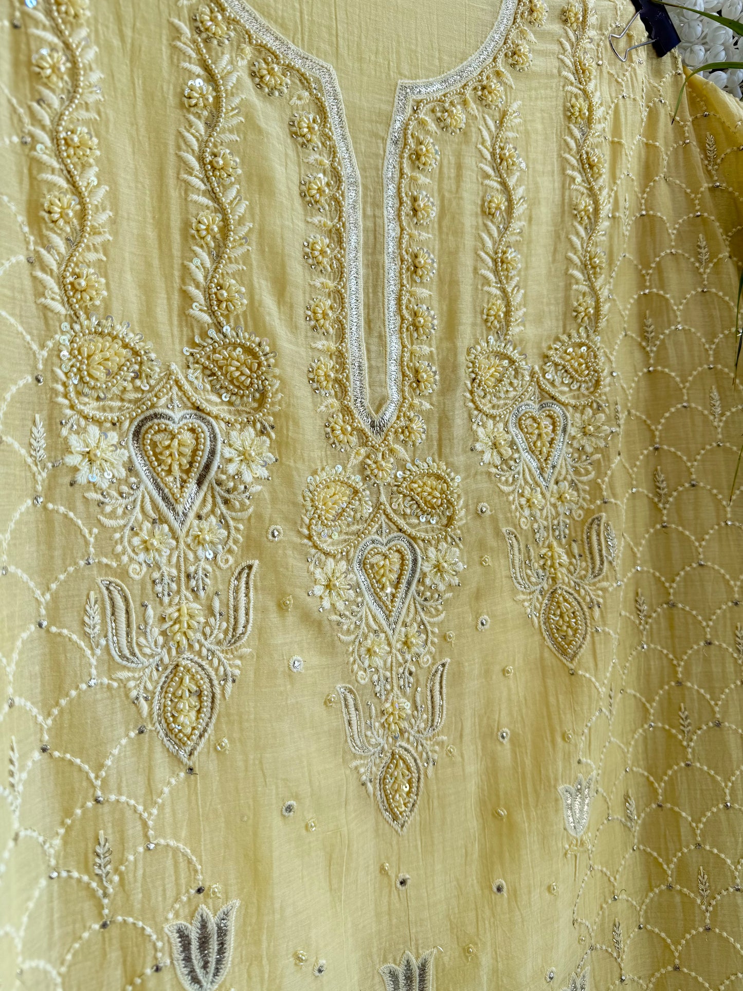 Luxurious Mul chanderi lucknowi tulip and hearts suit