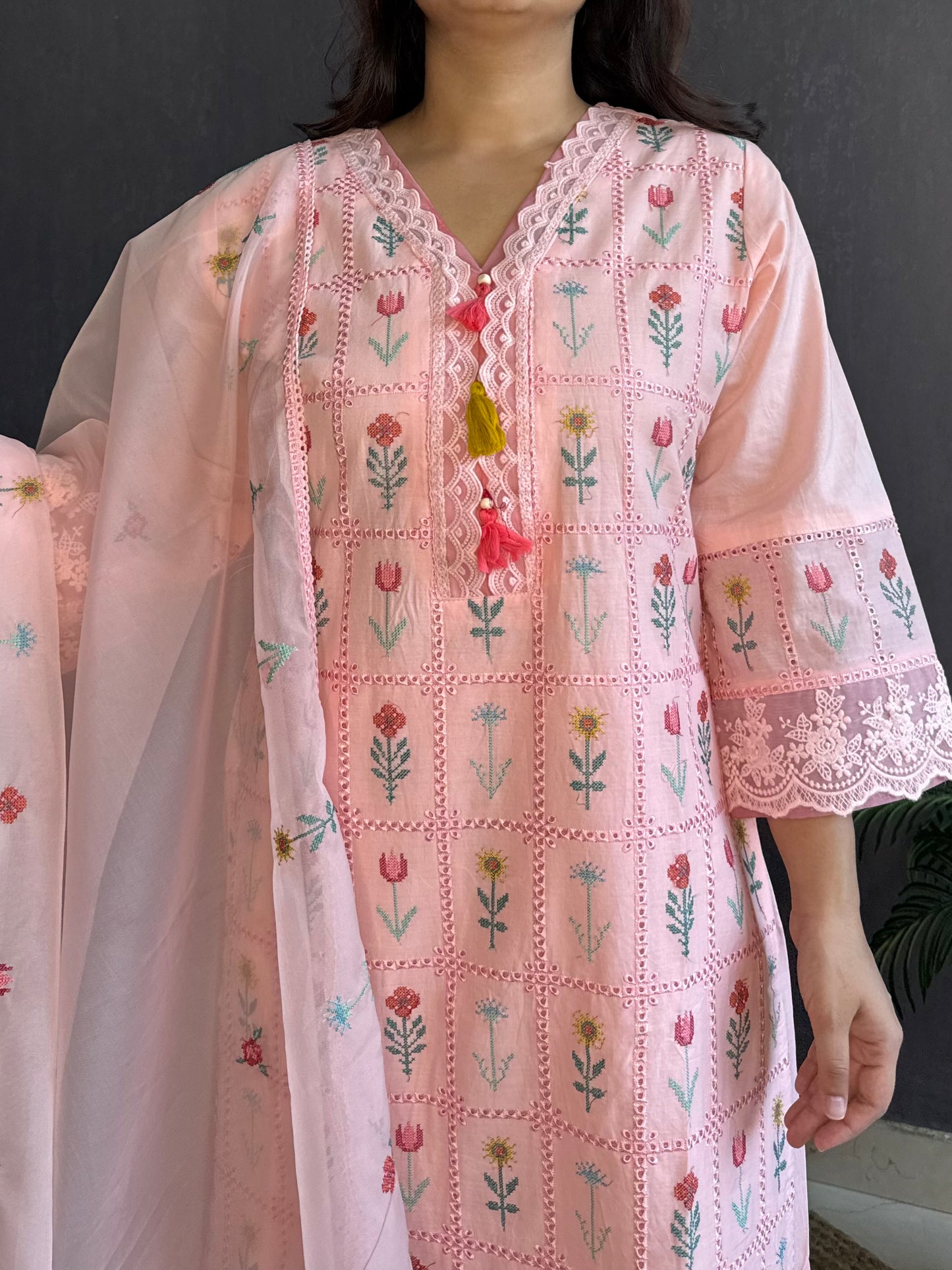 Cotton checked floral designer suit