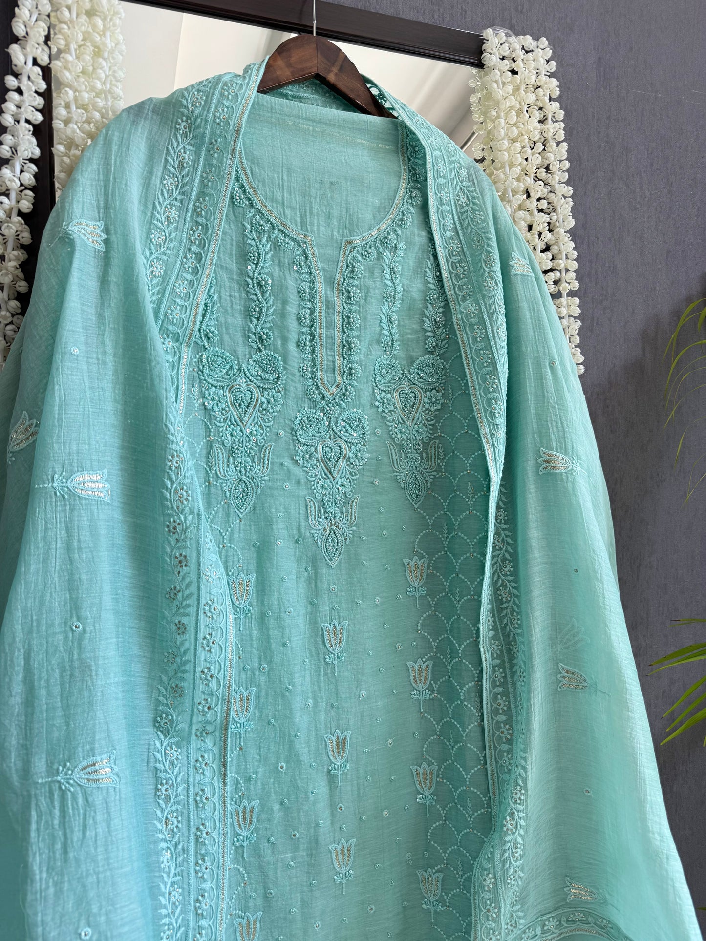 Luxurious Mul chanderi lucknowi lotus and hearts suit