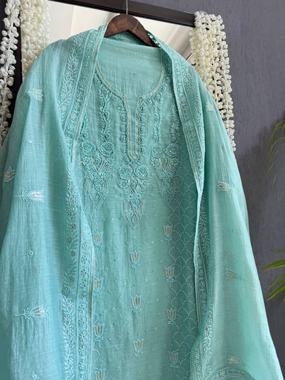 Luxurious Mul chanderi lucknowi lotus and hearts suit