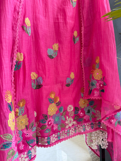 Luxurious Mul chanderi appliqué mirror work suit