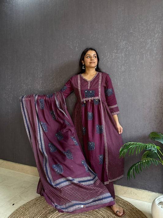 Ajrakh elephants handwork A line suit set