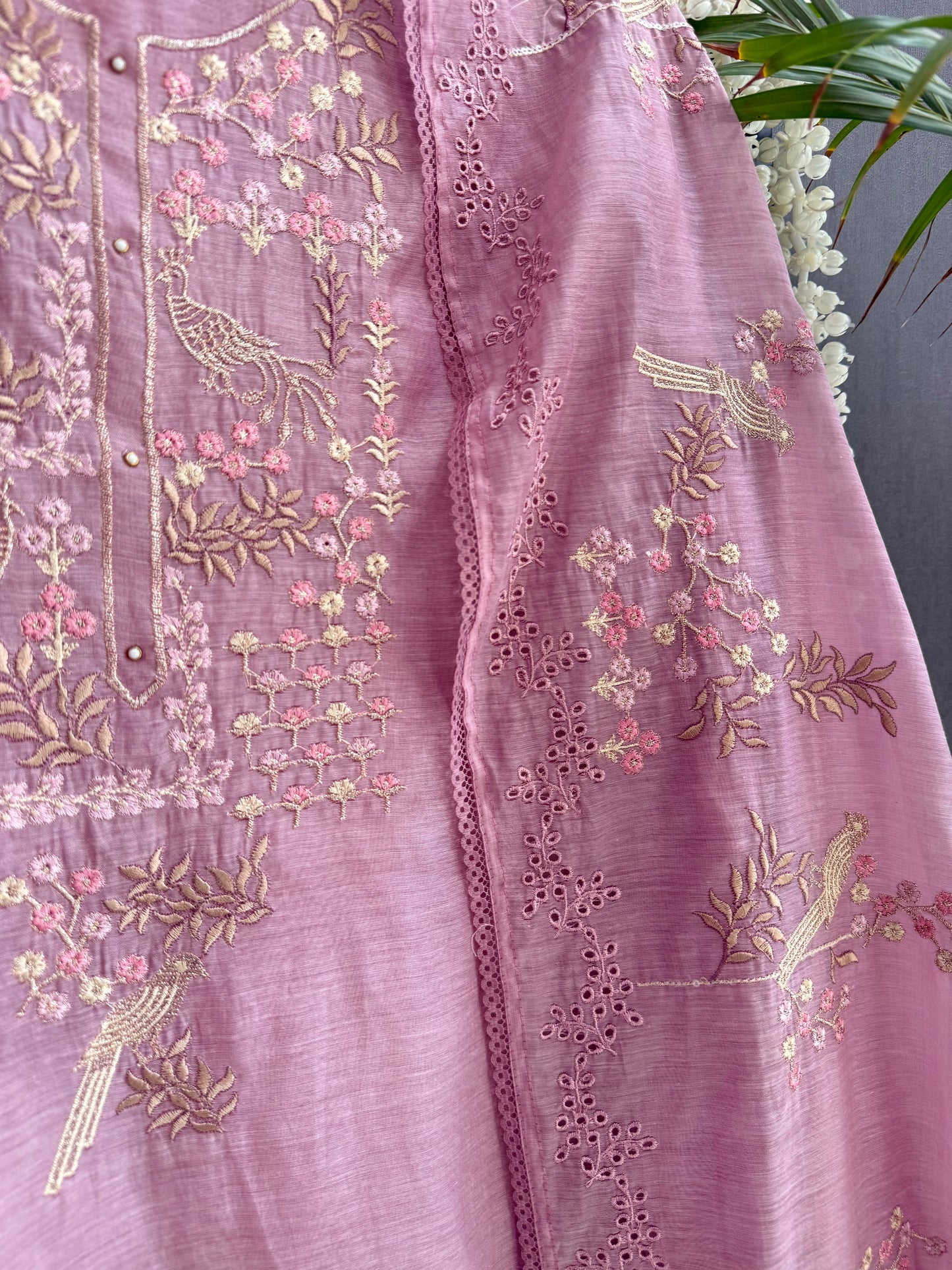 Luxurious Mul chanderi schiffili peacock suit