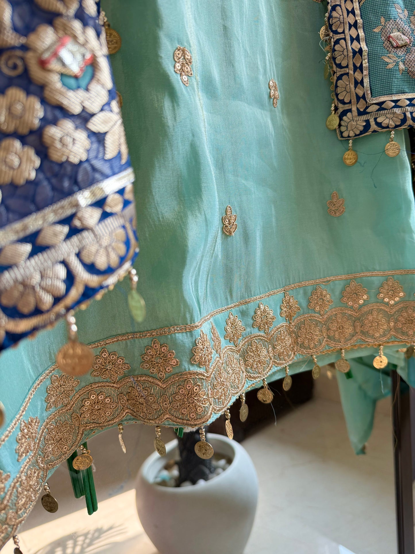 Tissue silk Aari work Meenakari suit