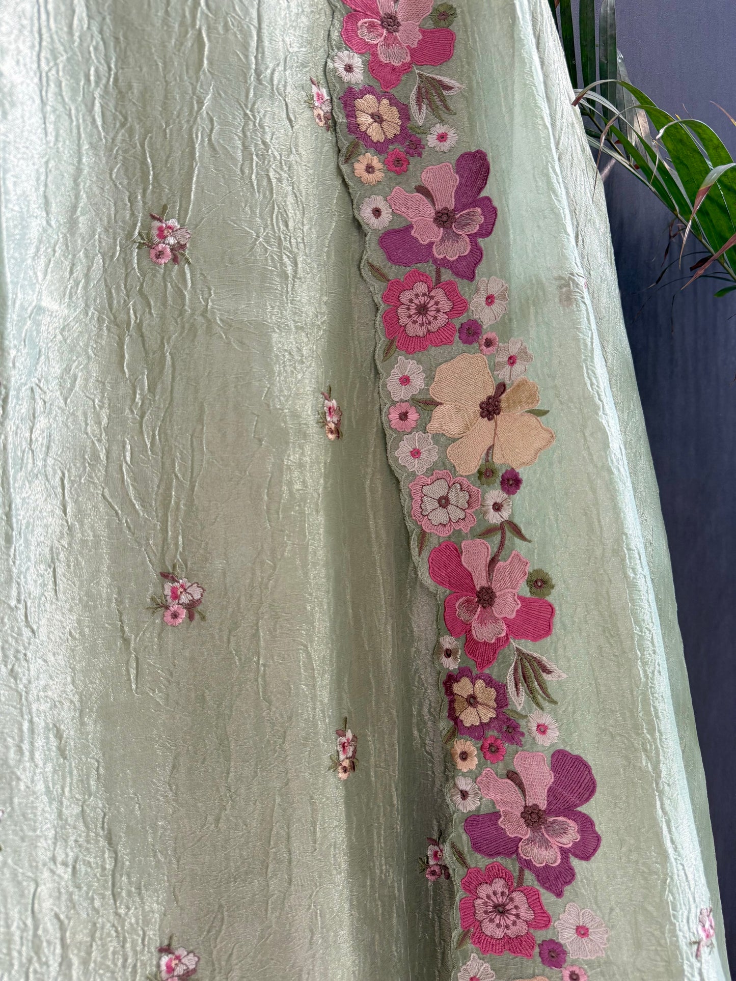 Luxurious Mul chanderi appliqué work floral suit