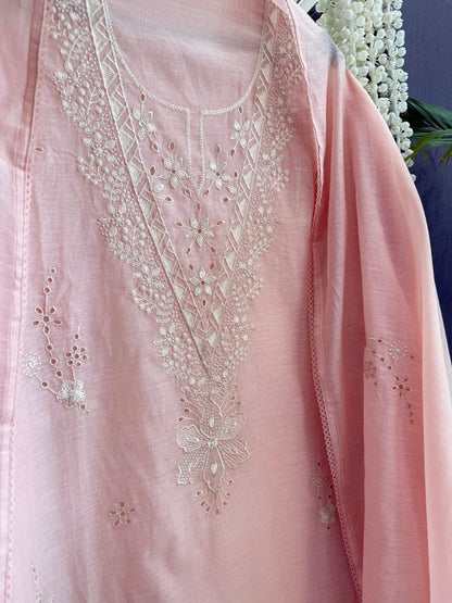 Luxurious Mul chanderi threadwork schiffili suit