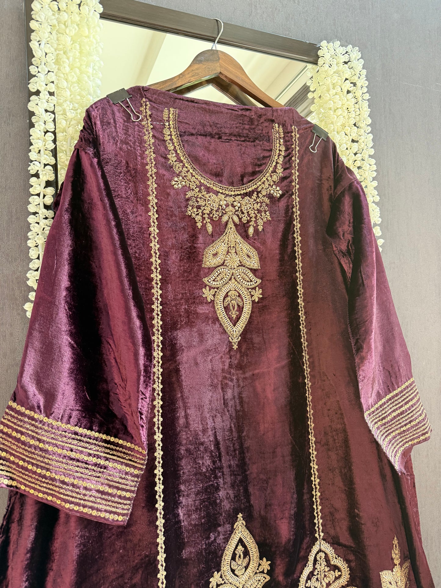 Velvet Marori Aari work Anarkali suit