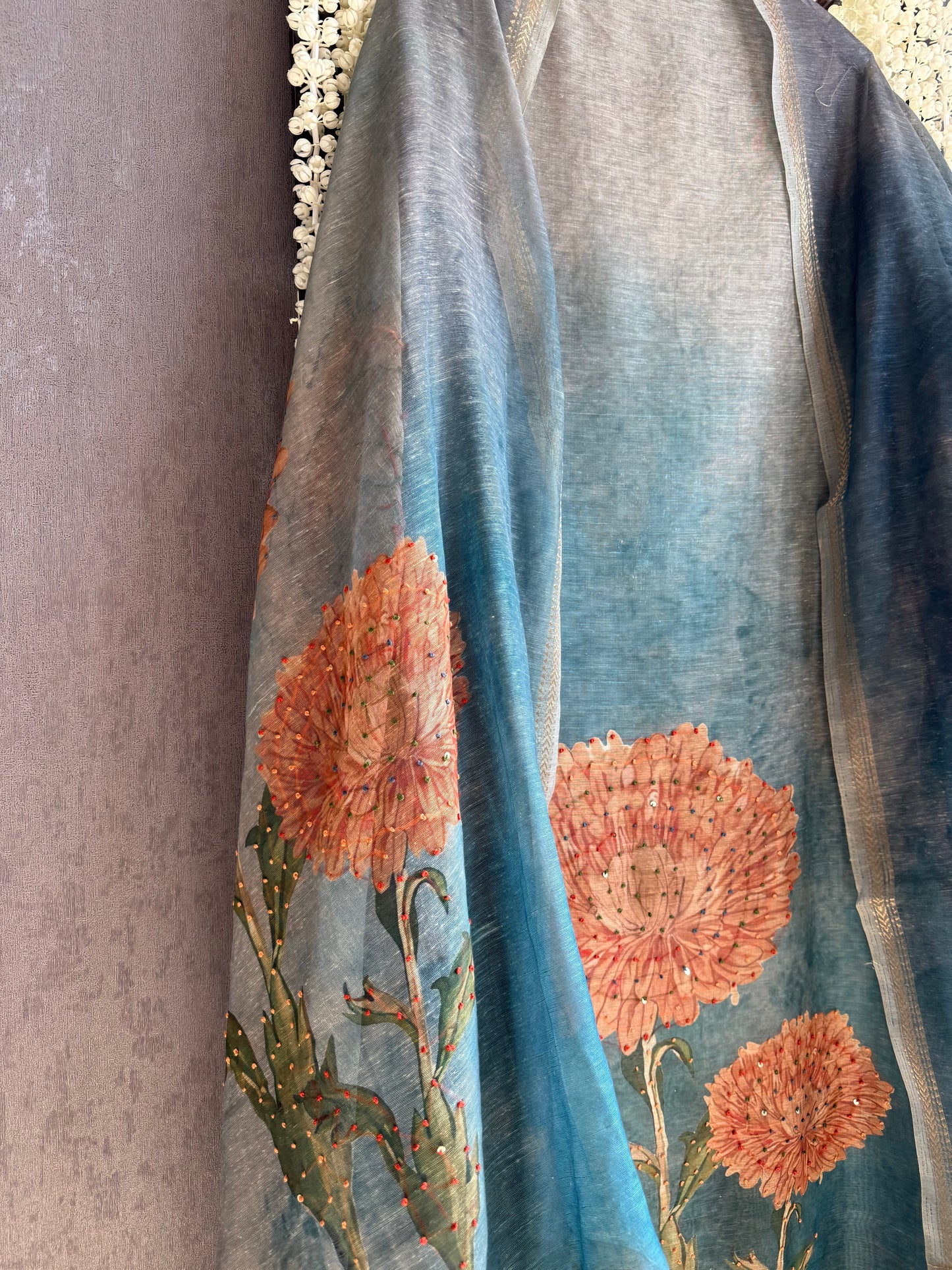 Pure linen marigold kantha work suit