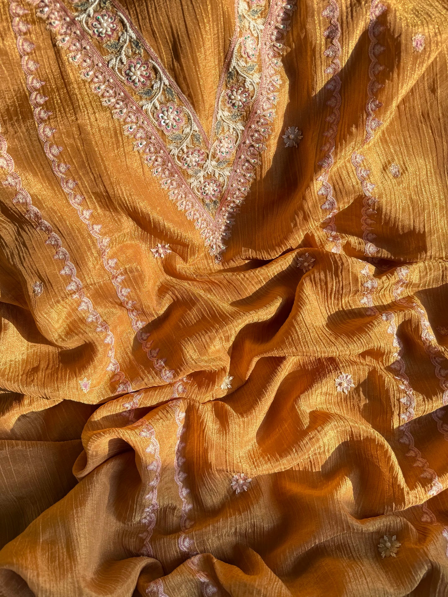 Crush tissue kashmiri aari work suit