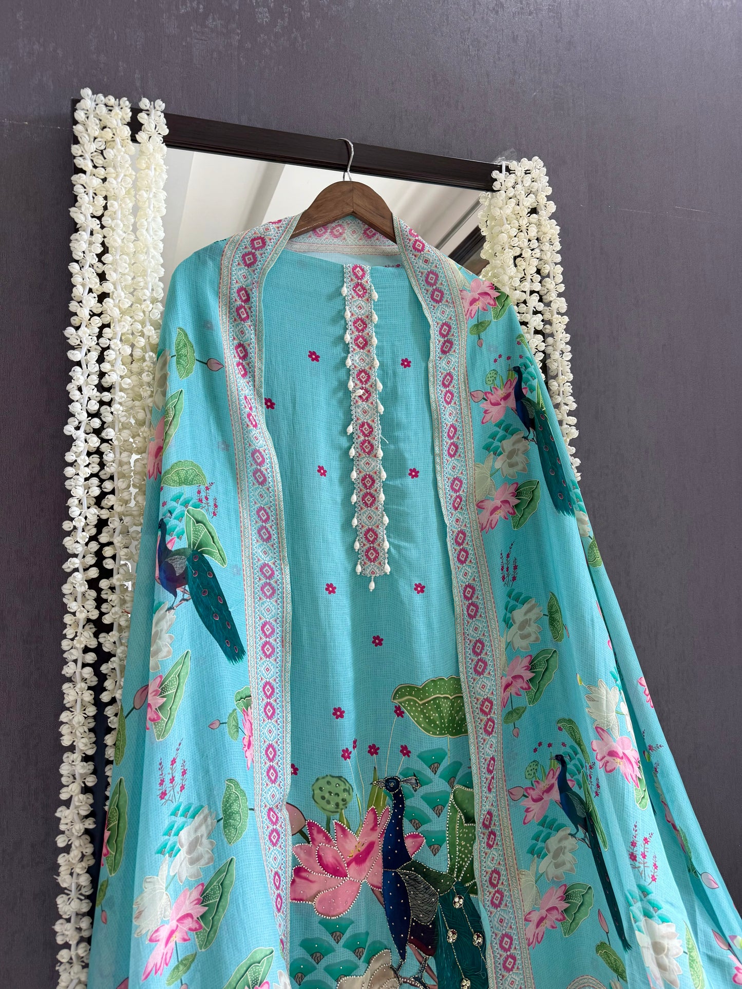 Soft silk peacock hand work suit