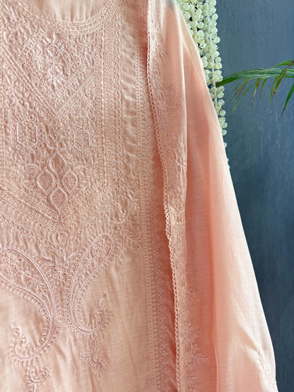 Luxurious Mul chanderi monochromatic thread work suit