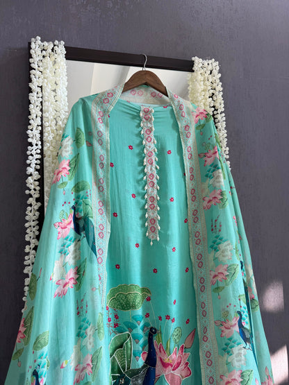 Soft silk peacock hand work suit