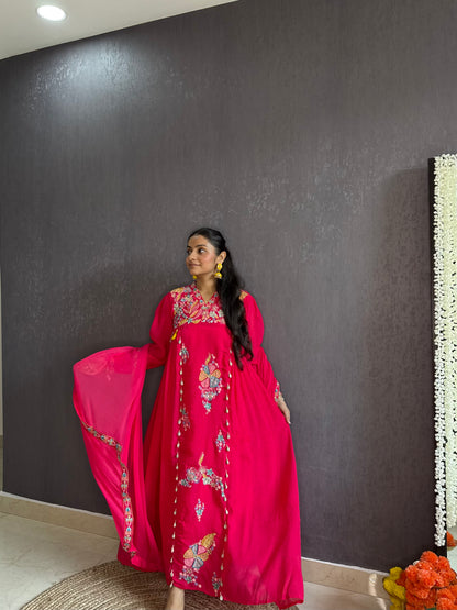 Mal cotton silk embroidered handwork Anarkali