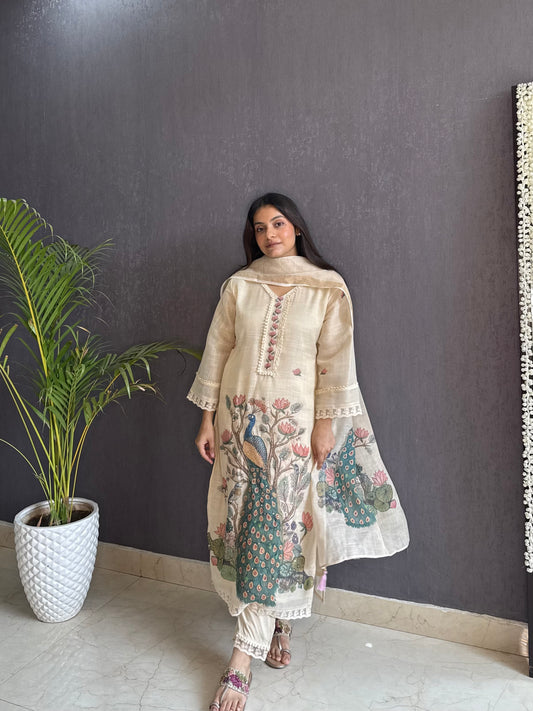 Linen peacock kurta set